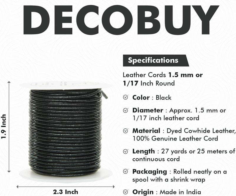 Decobuy Leather Cord for Jewelry Making, Round Cording 1.5 mm Rope, 27 Yards Used for Crafts, Necklace String, Braiding - Black - Image 2